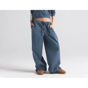 SKIMS Cotton Poplin Wide Leg Pants Blue Drawstring Relaxed Size L NWT